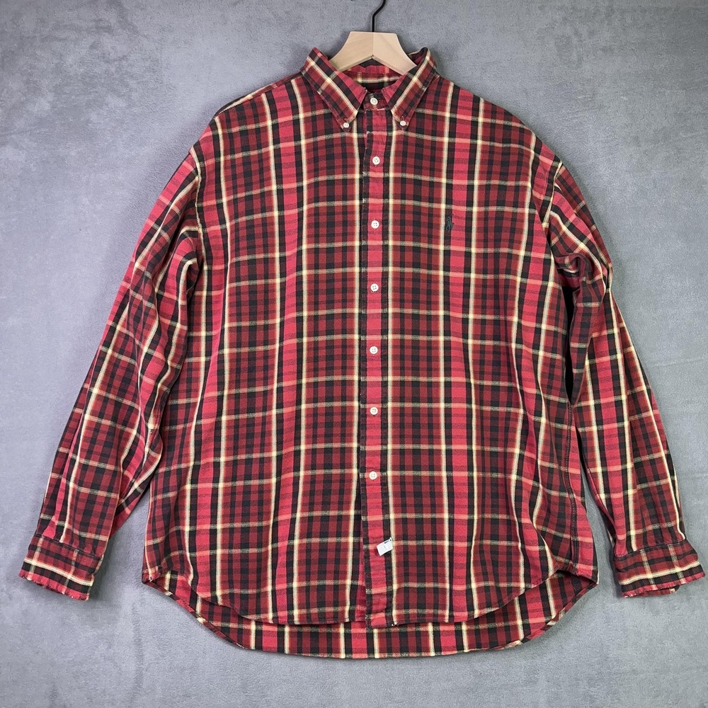 Ralph Lauren Shirt Mens XL Red Plaid Cotton Flannel Button Down Long Sleeve VTG